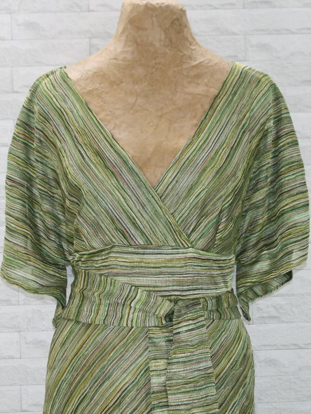 ADRIANNA PAPELL Dress Faux Wrap Stripe Midi Multi-color Green Tan Cream 12 - Picture 2 of 15